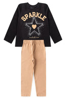 Conjunto Manga Longa Feminino Infantil Preto Estrela